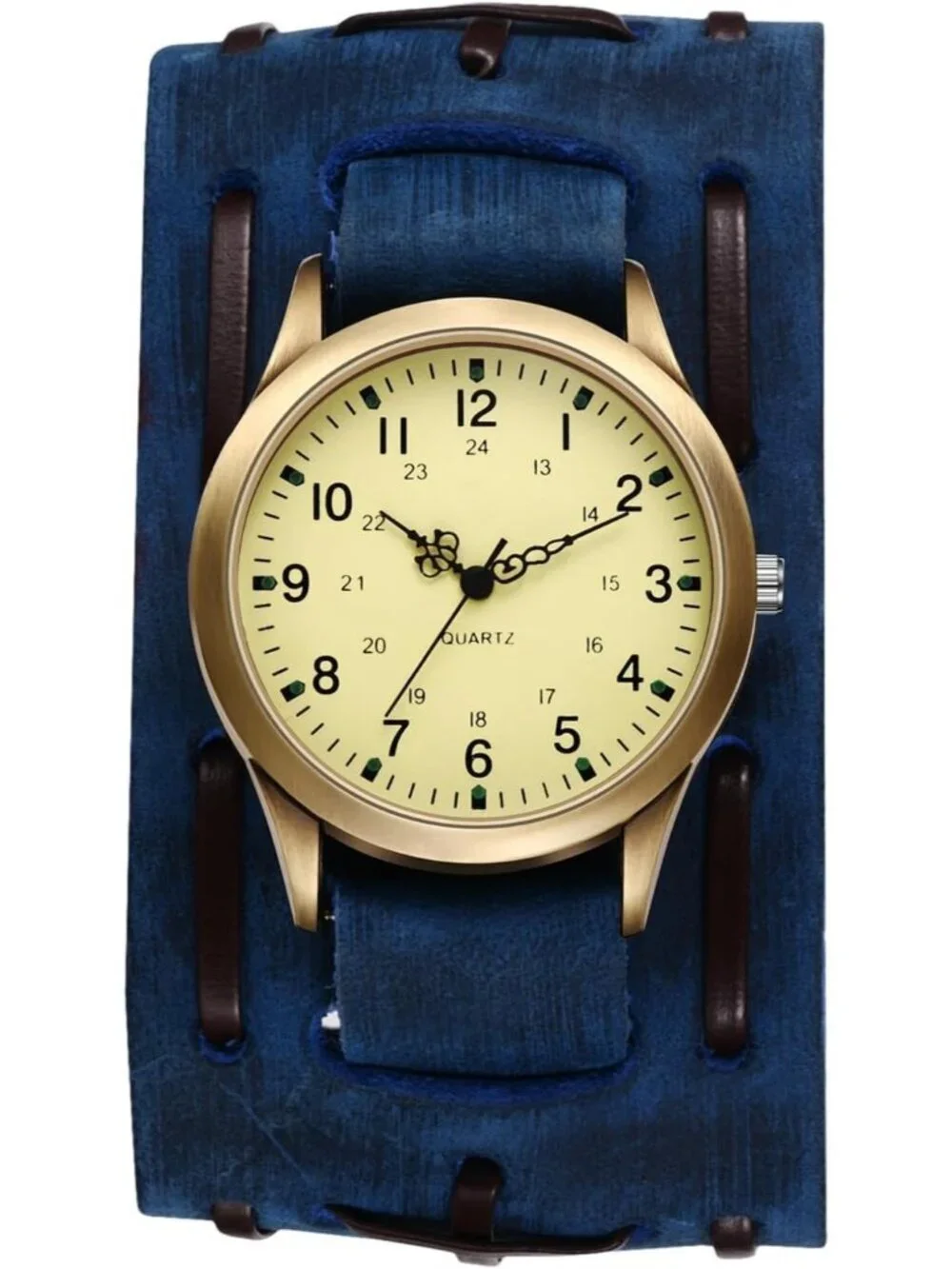 Unisex Blue Analog Quartz Arabic Numerals Wide Leather Strap Vintage Wrist Watch